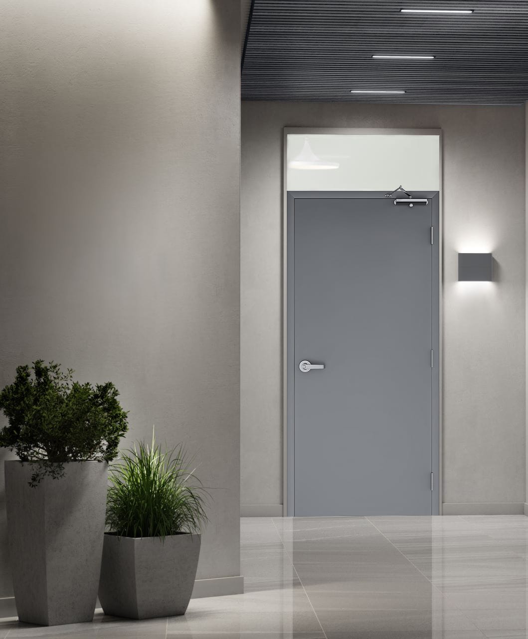 Hollow metal door installed in a lobby corridor